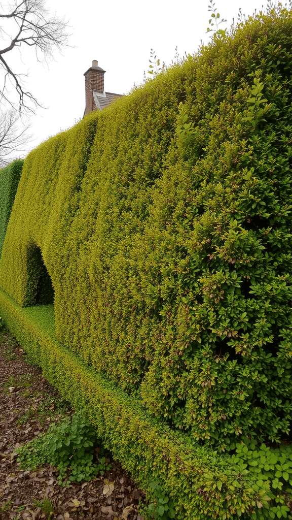 A well-maintained hedge with vibrant green foliage and a unique arch shape.