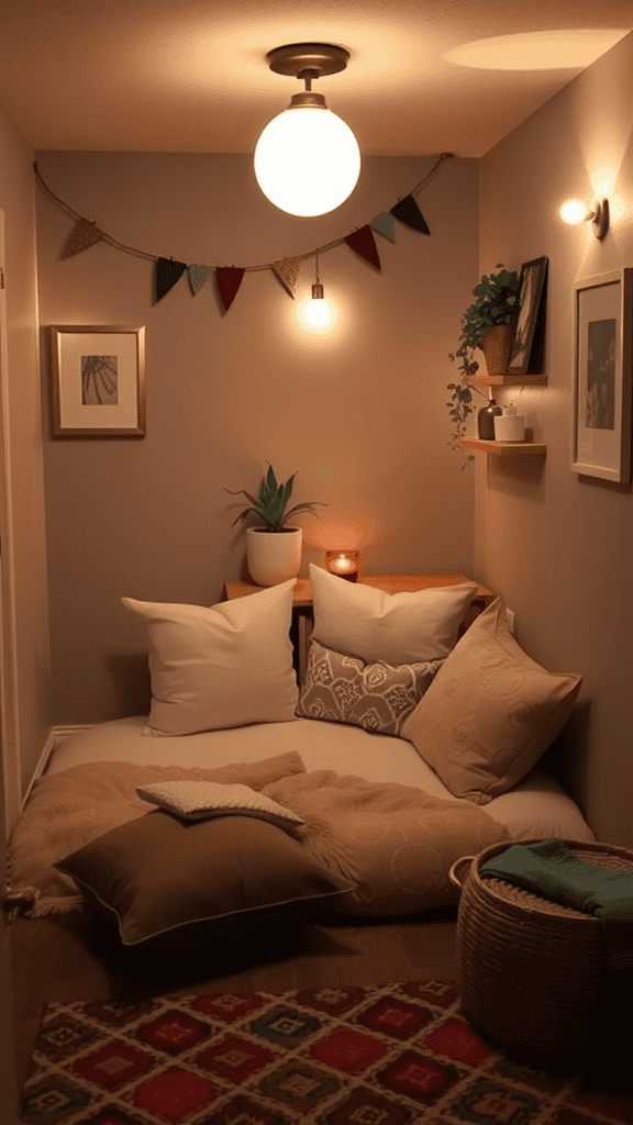 A cozy relaxation corner with soft lighting, pillows, and plants.