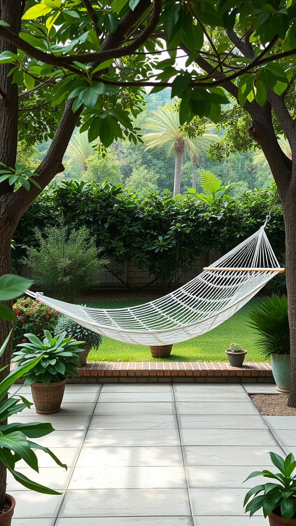 A tranquil outdoor space featuring a hammock surrounded by lush greenery.