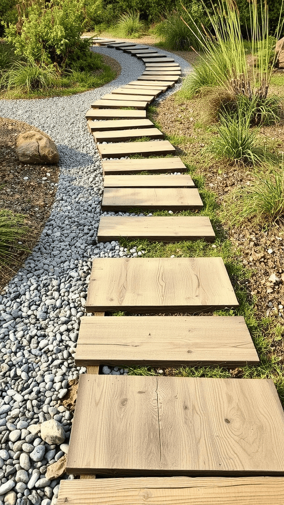 A winding garden path made of wooden planks and gravel.