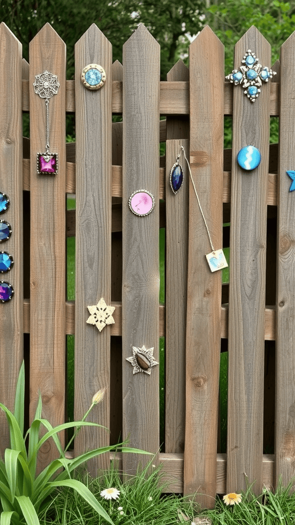 Decorative rustic pallet fence with colorful ornaments