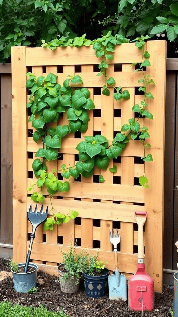 A rustic wooden trellis with climbing plants and gardening tools nearby.