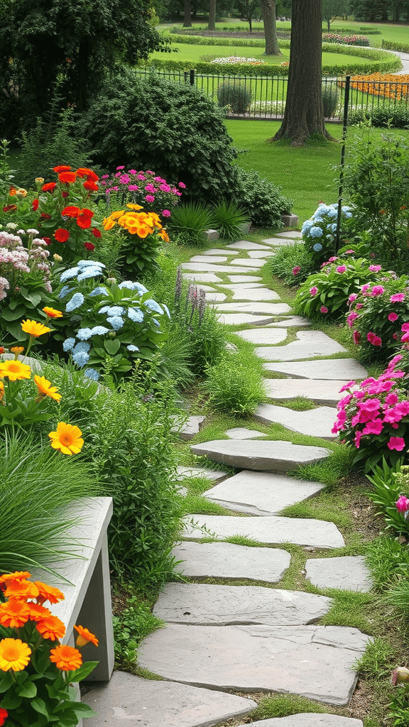 A rustic stone pathway surrounded by colorful flowers and lush greenery.