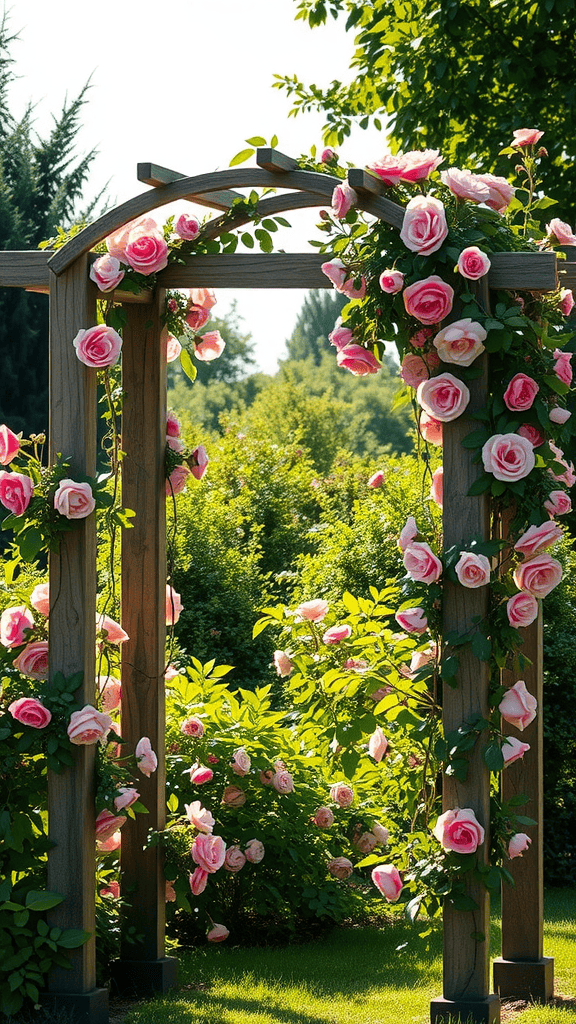 Rustic wooden arch covered with climbing roses in a sunny garden