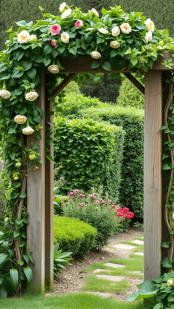 A rustic wooden garden arch adorned with flowers, leading into a lush garden.