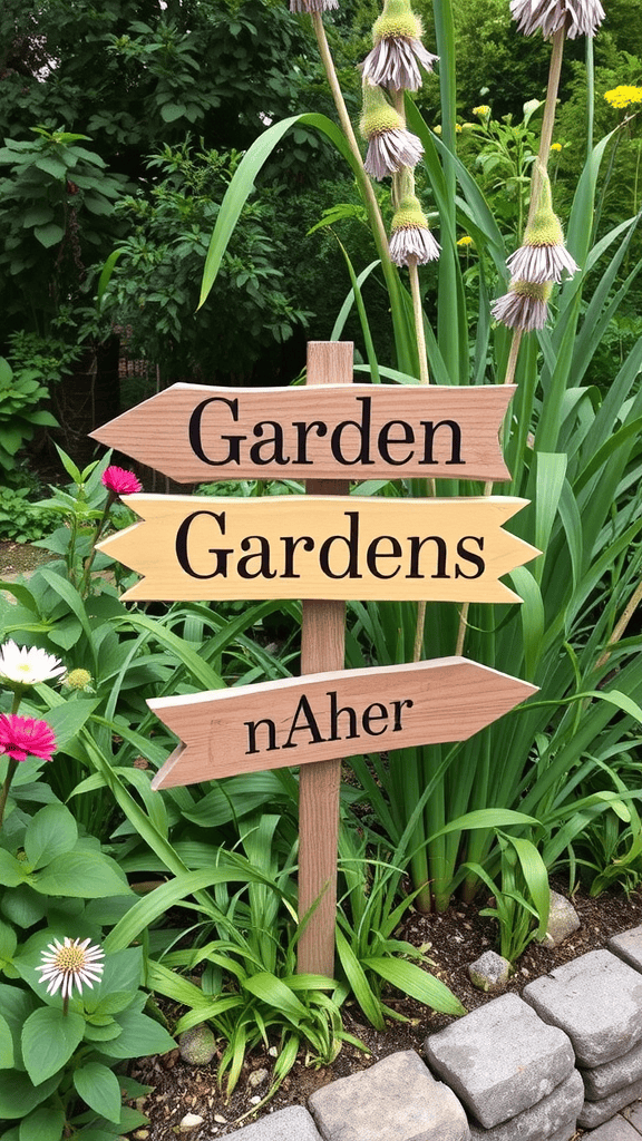 A rustic wooden garden sign with arrows pointing to 'Garden', 'Gardens', and 'nAher' surrounded by greenery and flowers.