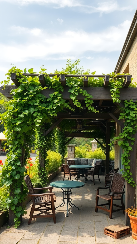 A rustic wooden pergola adorned with lush green vines, providing a cozy outdoor seating area.