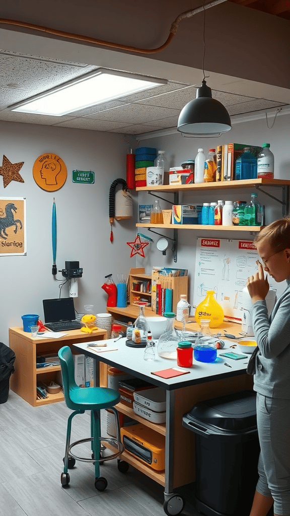 A colorful science exploration lab with various tools and materials for experiments.