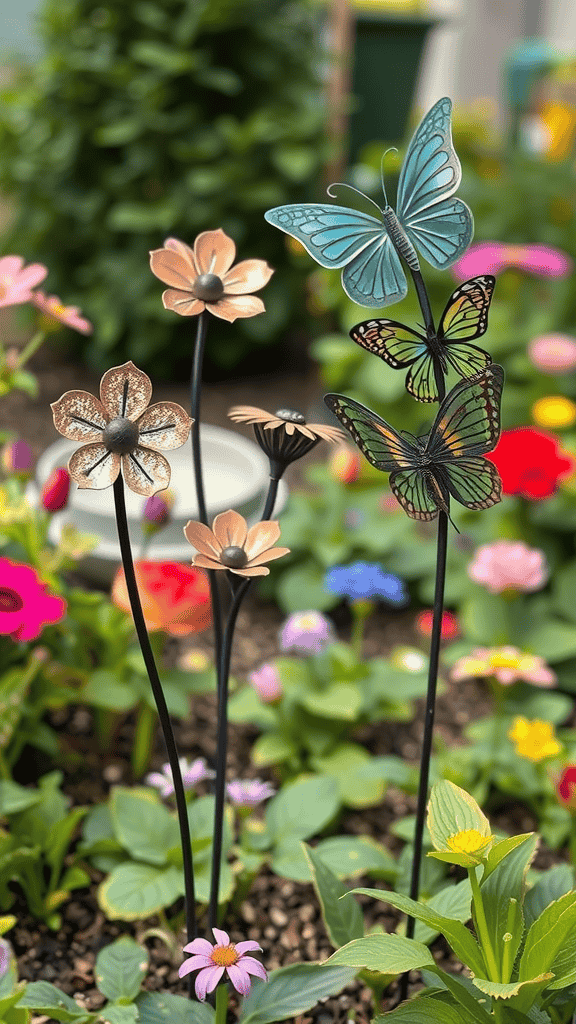 Colorful sculptural plant stakes featuring flowers and butterflies among vibrant garden flowers.