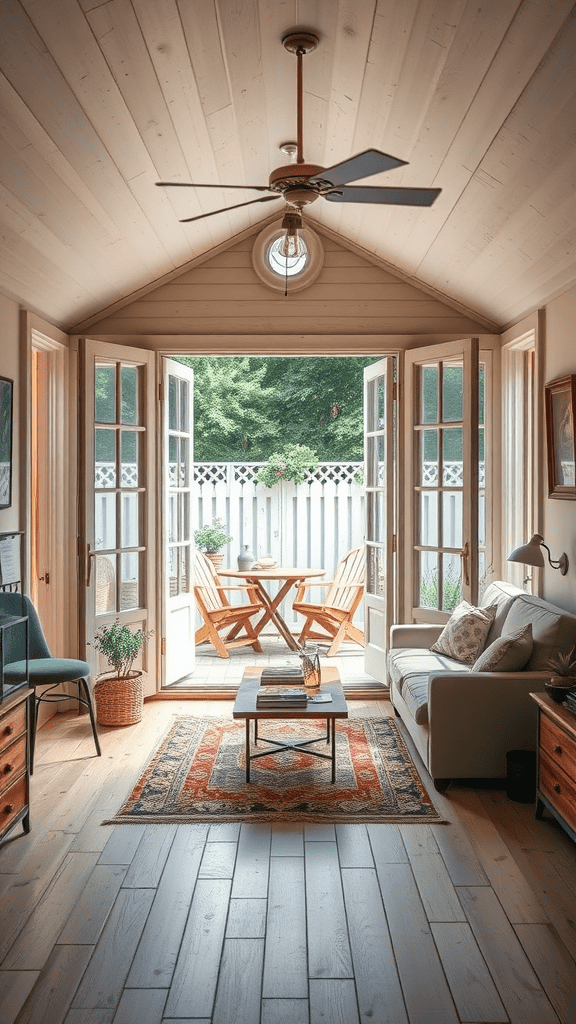 Cozy tiny house living room with open doors leading to an outdoor seating area.