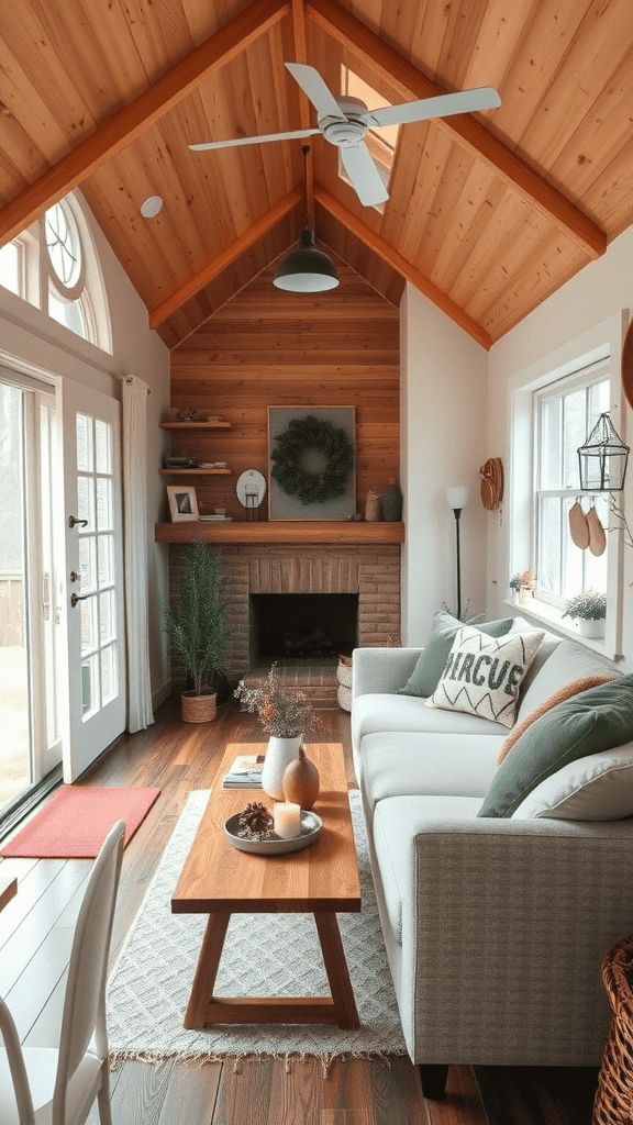 Cozy vintage tiny house living room with seasonal decor