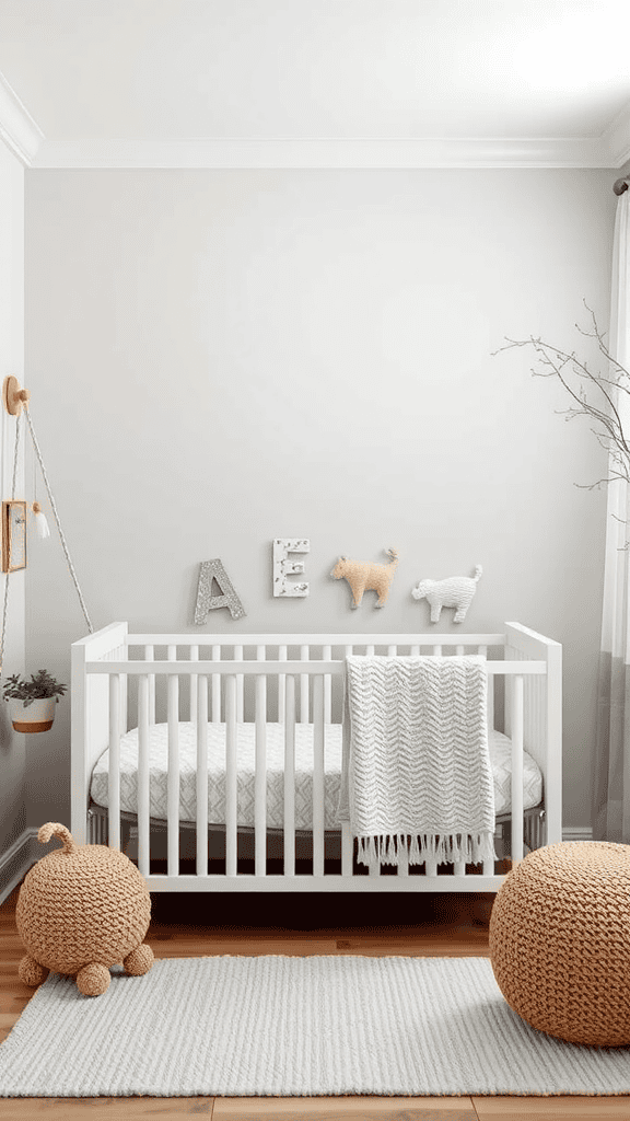 A bright and cozy nursery featuring a crib, decorative letters on the wall, and playful round poufs.