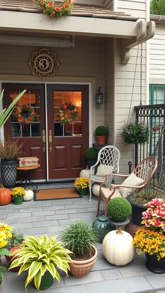 A charming patio decorated with plants, pumpkins, and wreaths for a seasonal touch.