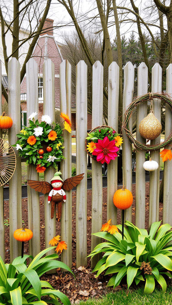 A wooden fence adorned with seasonal decorations including wreaths, pumpkins, and colorful flowers.