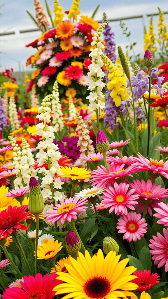 A vibrant display of colorful flowers including daisies and snapdragons in a garden setting.