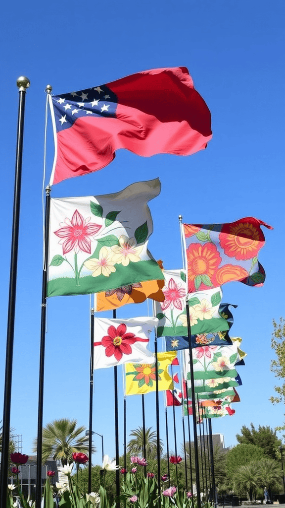 Colorful seasonal garden flags displayed against a blue sky.