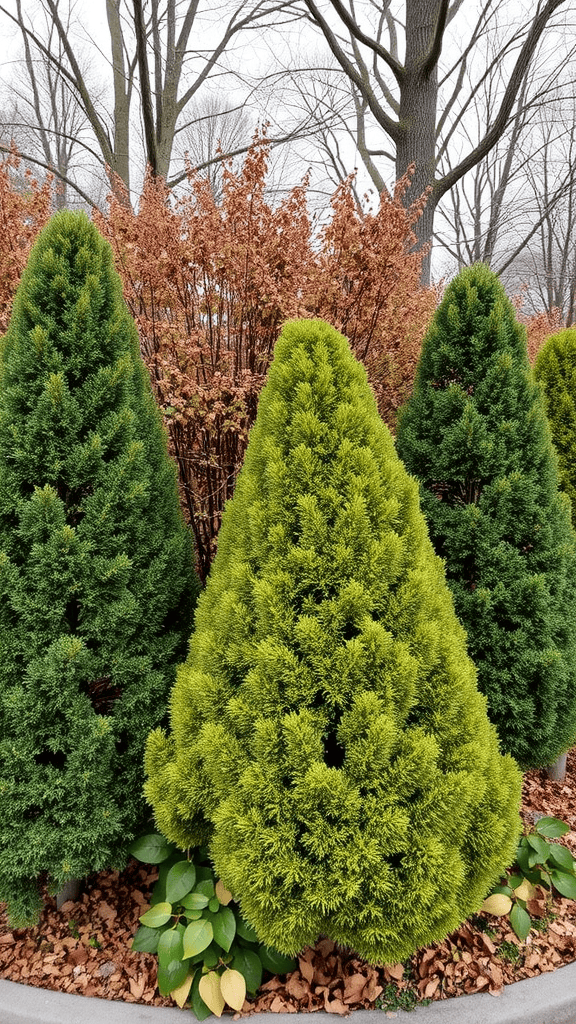 Three different types of green hedges surrounded by brown foliage in a garden.