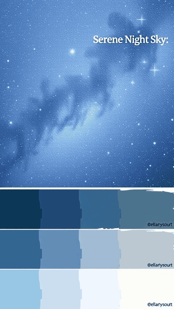 A collection of paint colors inspired by a serene night sky, featuring various shades of blue.