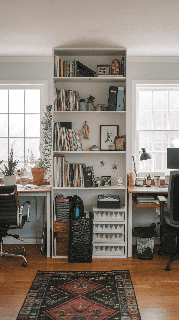 A shared workspace with individuals working on laptops and plants in between desks.