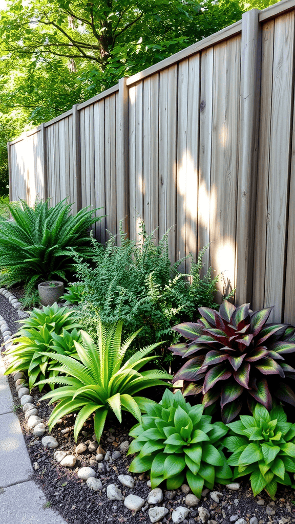 A lush arrangement of various shade-loving plants beside a wooden fence.