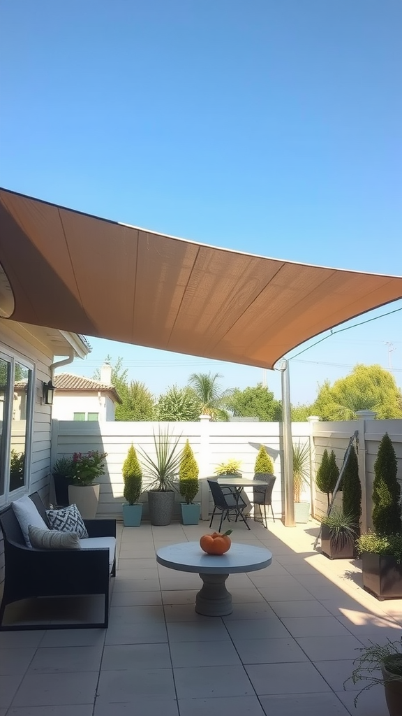 An outdoor patio featuring a large shade sail providing sun protection, along with seating and potted plants.