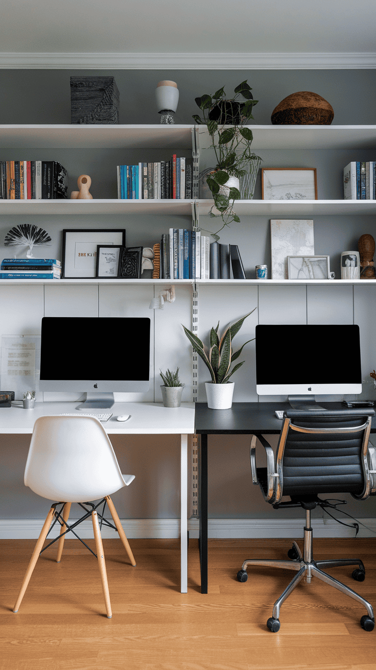 A shared desk setup with two computers, plants, and decorative items.