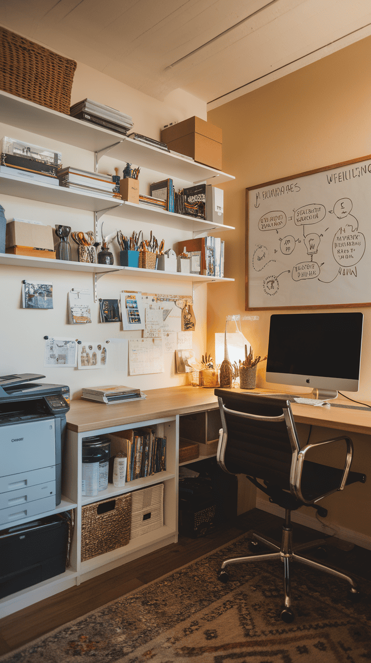 A cozy and organized workspace featuring shelves with various supplies, a desk with a computer, and a printer.