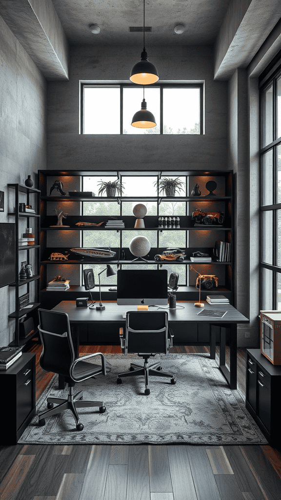 Modern home office with collectibles, plants, and a large desk.