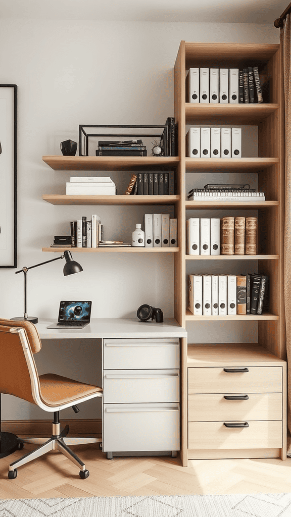 Modern office space with sleek storage solutions and plants.