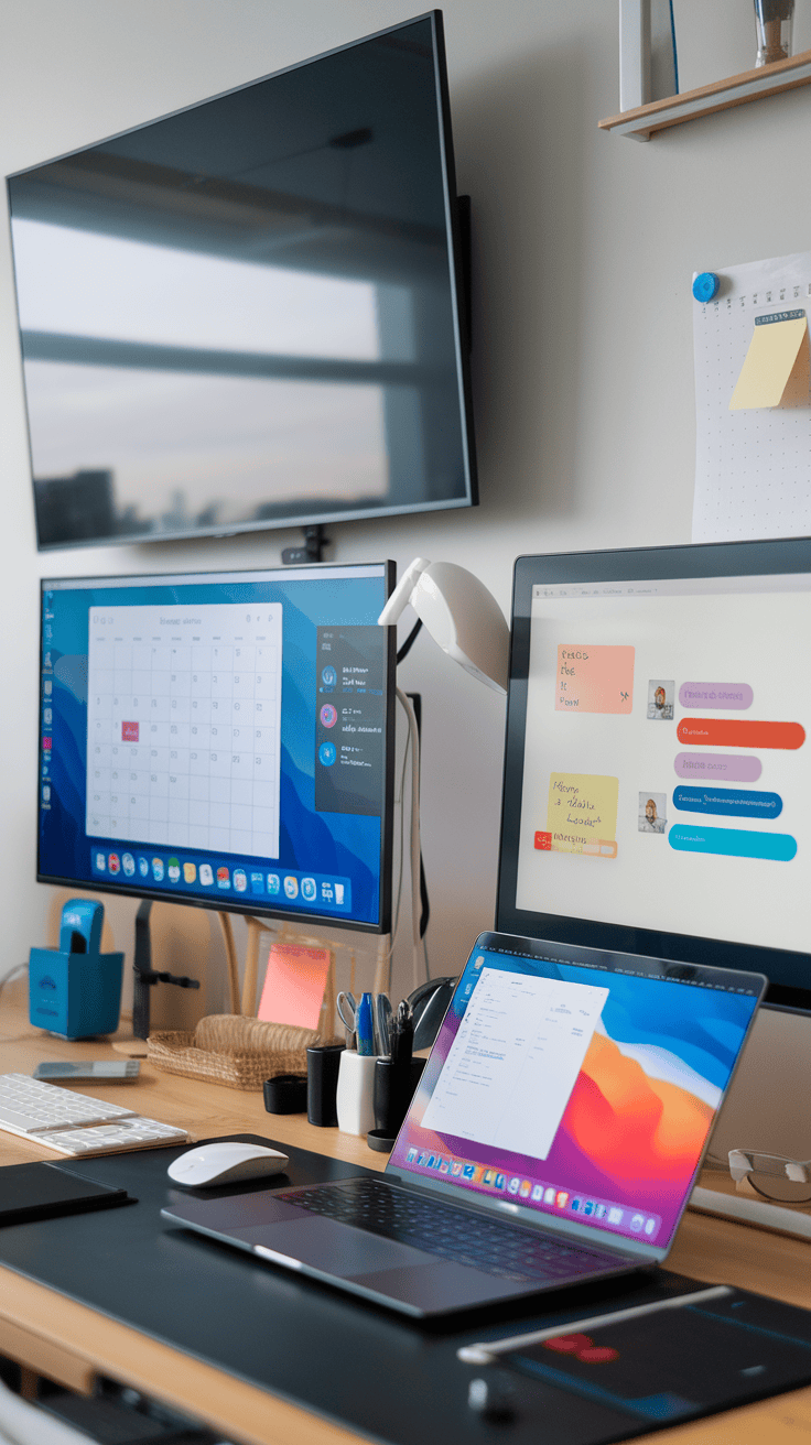 A modern workspace featuring multiple screens, a webcam, and devices for collaboration.