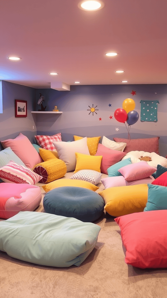 A soft play area with various colorful cushions in pink, blue, and yellow, creating a cozy environment.