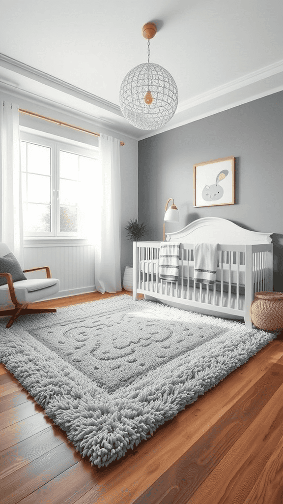 A soft, plush grey rug in a nursery with a crib and a cozy chair.