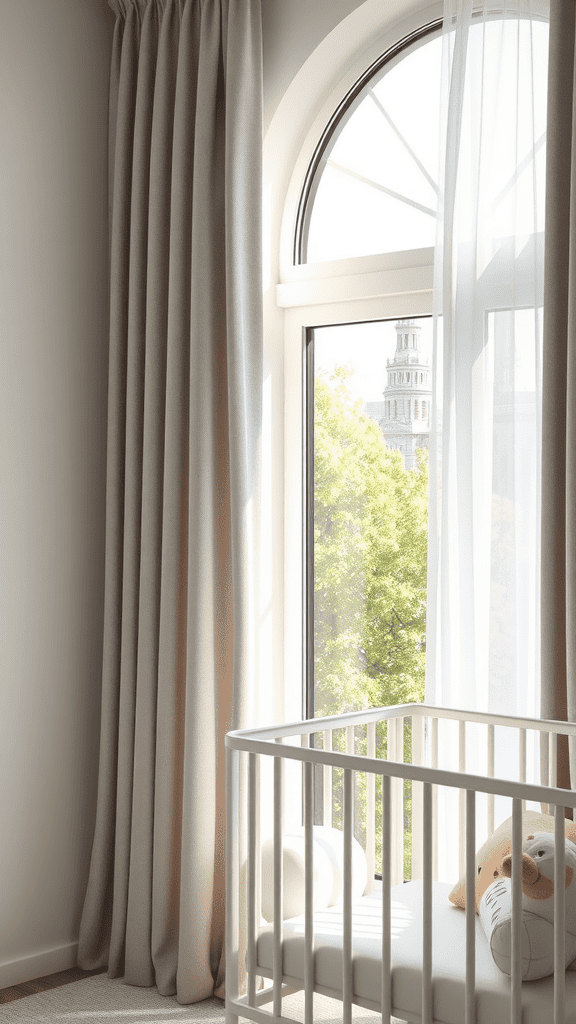 A soft, light-colored curtain hanging by a window with a view of trees and a crib nearby.