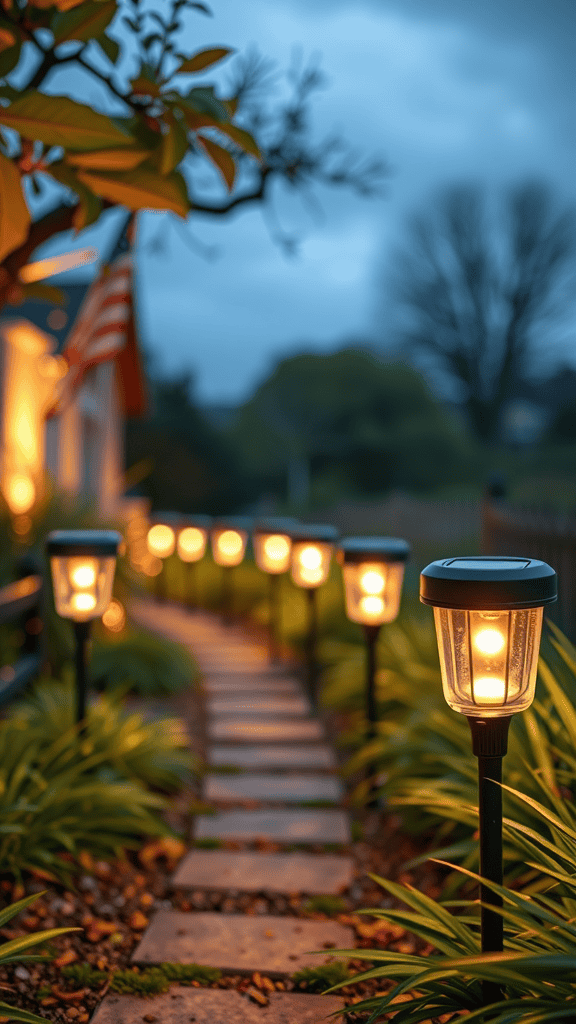 Pathway lined with solar-powered garden lights in a landscaped area.