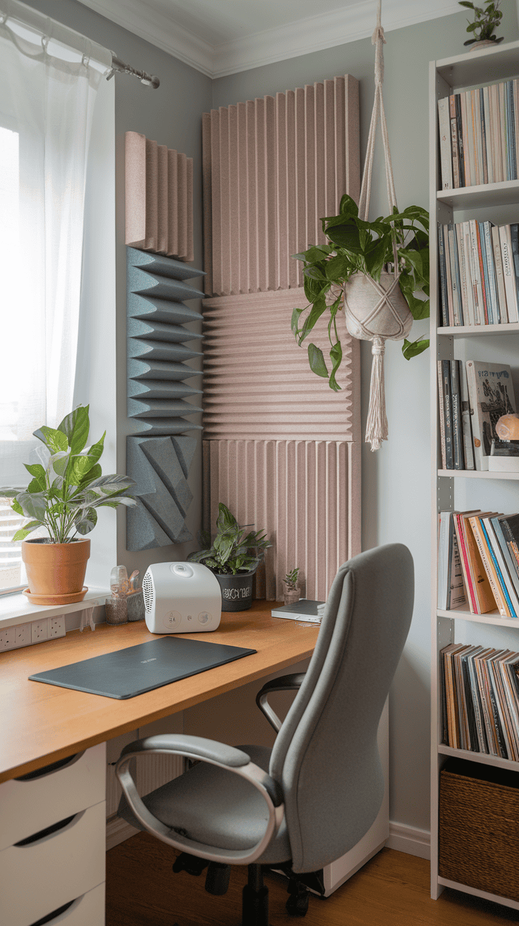 A cozy workspace featuring soundproofing panels, plants, and a comfortable chair at a wooden desk.