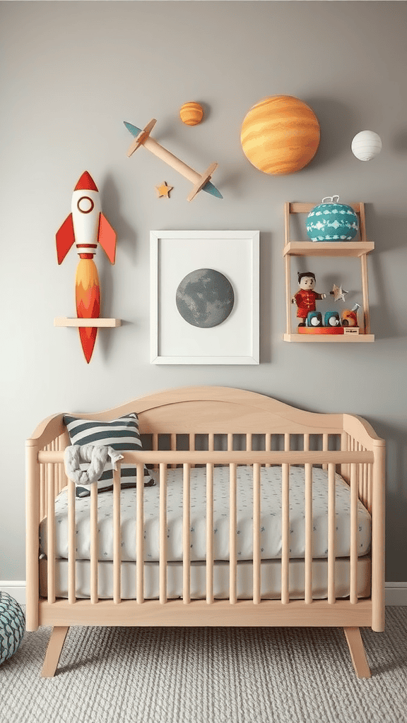 A nursery with space explorer themed decor, featuring a crib, colorful rocket, planets, and toy shelves.