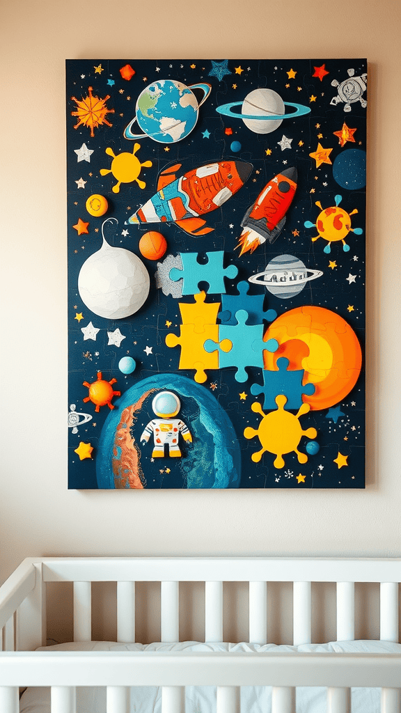 Colorful space-themed puzzle wall art featuring planets, rockets, and an astronaut.