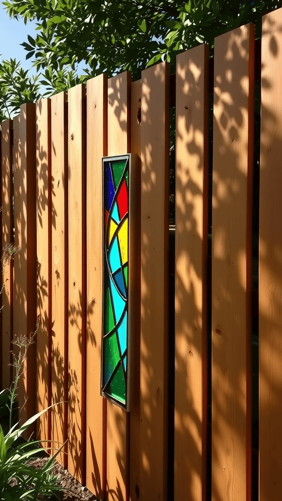 A colorful stained glass insert set in a wooden fence, surrounded by lush green leaves.