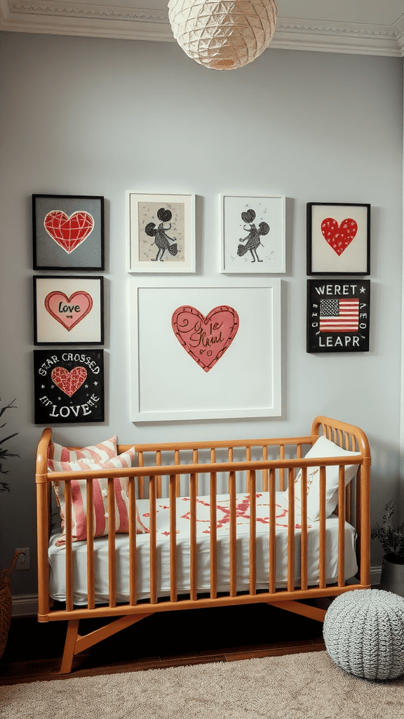 A cozy nursery with heart-themed artwork on the walls and a wooden crib