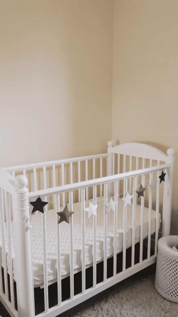 A cozy nursery with a white crib decorated with a colorful star garland.