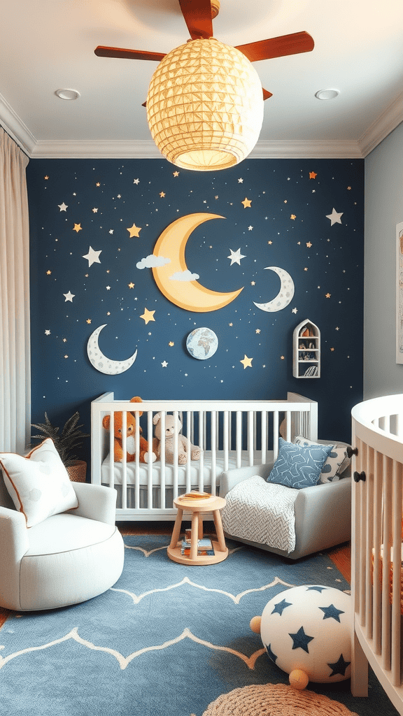 A cozy nursery corner with a crib, plush toys, and a star-themed wall design.