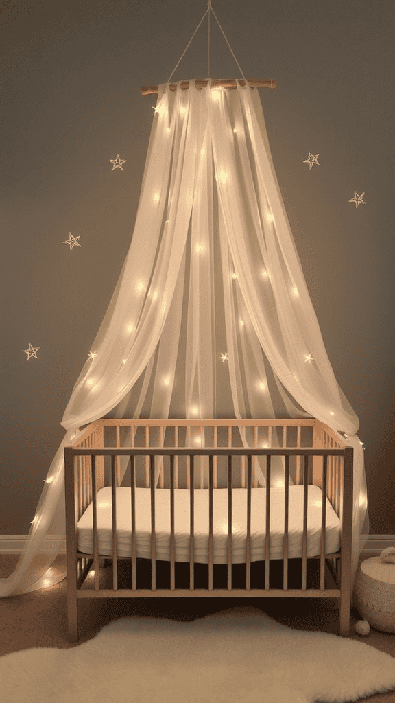 A crib with a canopy of soft fabric and twinkling lights, creating a cozy starlit environment.