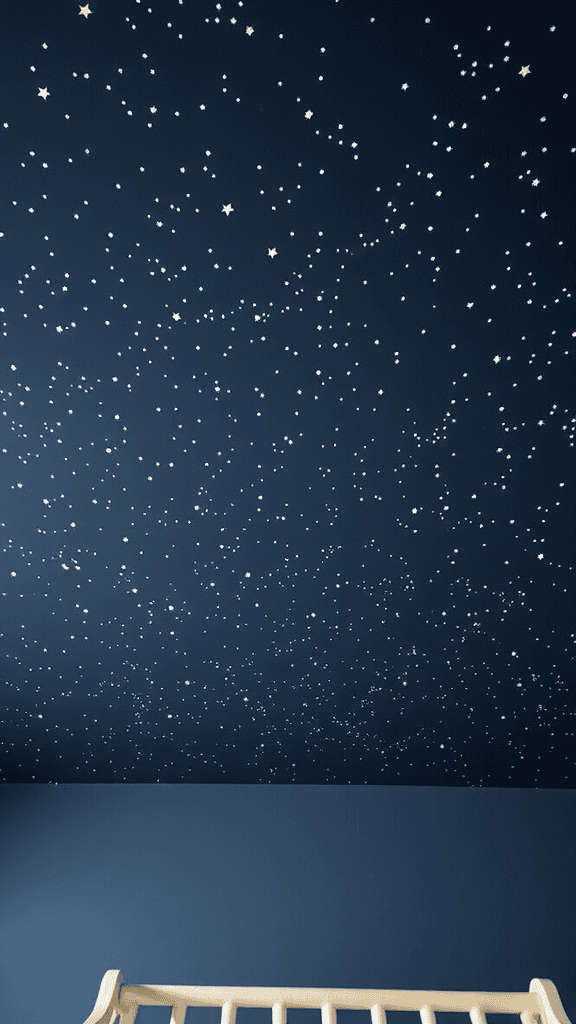 A ceiling painted with numerous small stars on a dark blue background.