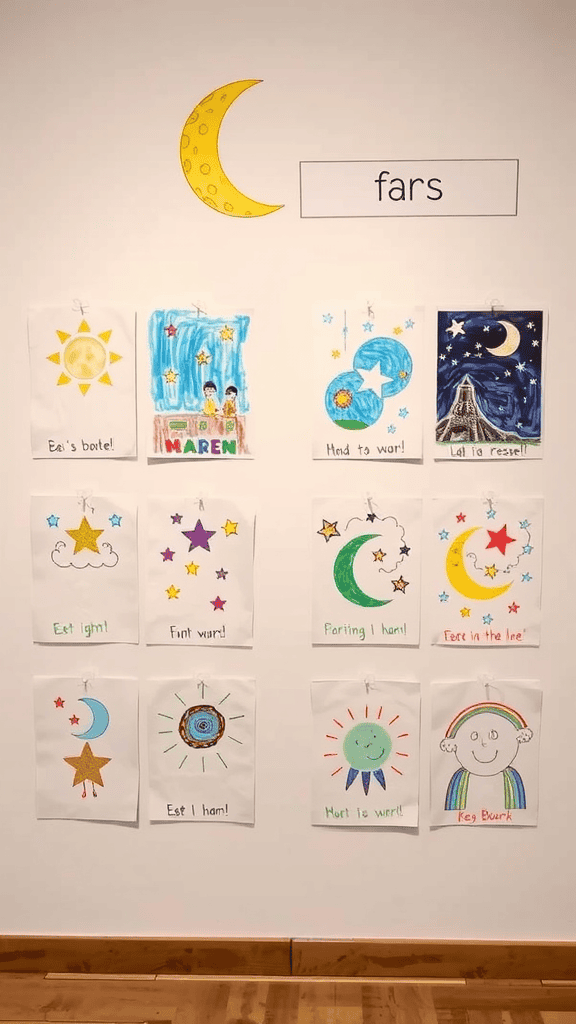 Children's drawings of the night sky displayed on a wall.