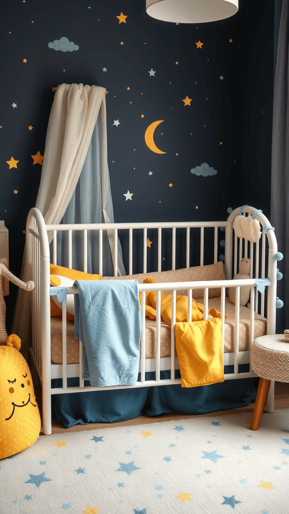 A cozy nursery with starry night bedding and a crib surrounded by stars and clouds on the wall.