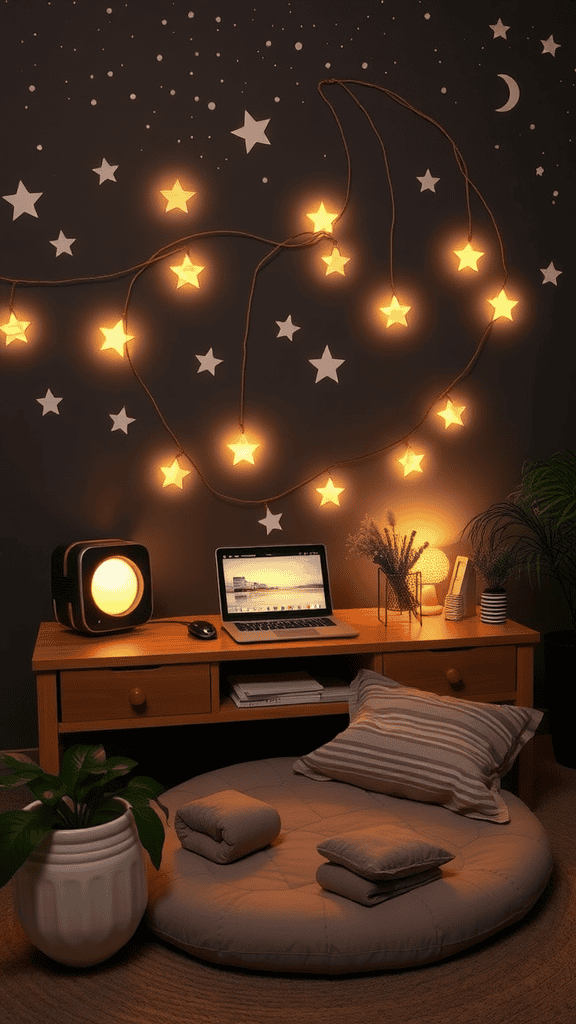 Cozy space with ambient lighting, star decorations, and a comfortable seating area