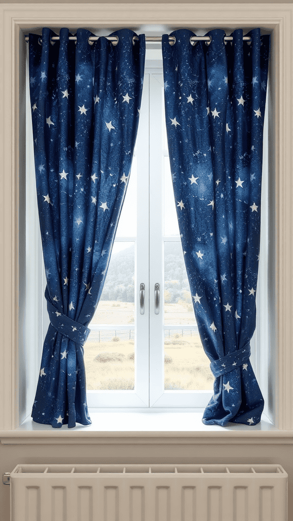 Window with starry sky curtain panels draped elegantly.