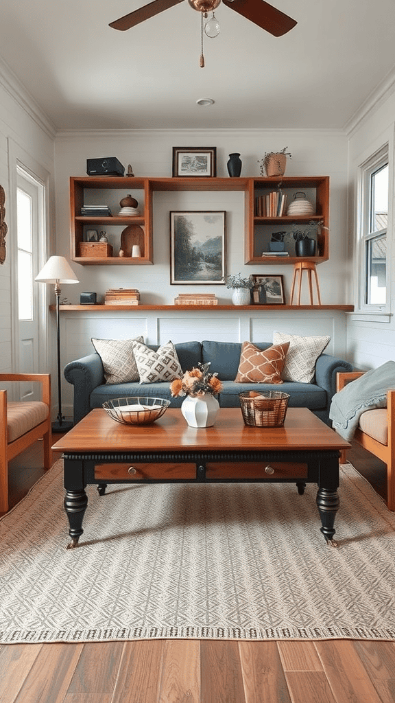 A cozy living room with a vintage coffee table, blue sofa, and wooden accents.