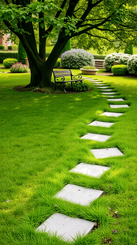 A pathway of stepping stones surrounded by green grass and garden plants.