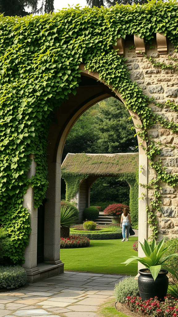 A stone archway covered in ivy leading to a lush garden.